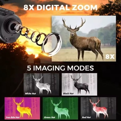 Câmara com zoom digital 8X e cinco modos de imagem mostrando um cervo em diferentes estilos de cor.