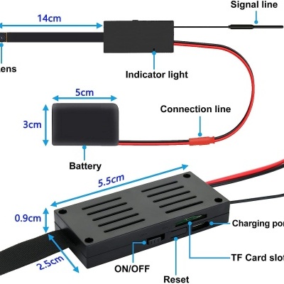 equipamento eletrônico com lente, bateria, caixa com botões e entradas