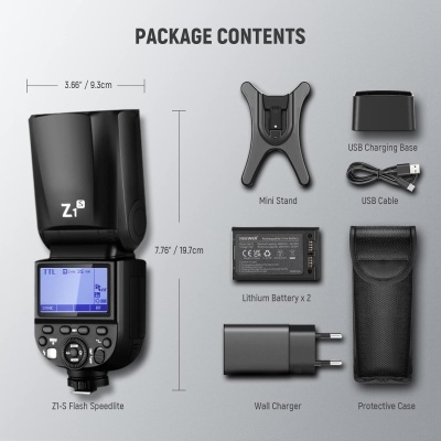 Conjunto de flash speedlite Z1-S com acessórios em fundo claro