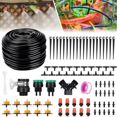 Kit de irrigação com tubos e conectores em fundo branco e imagens de uso em plantas