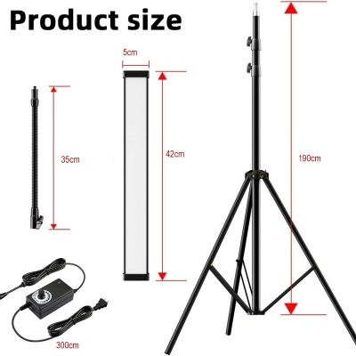 Conjunto de barra de luz LED, tripé preto ajustável, cabo e adaptador de energia.