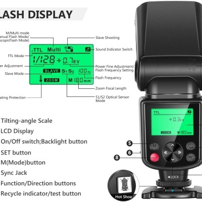 Flash de câmara fotográfica preto com ecrã LCD e botões numerados.