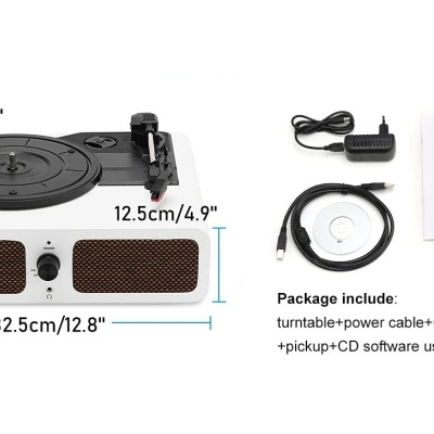 Gira-discos portátil com componentes e acessórios, incluindo cabos, manual, agulhas e CD