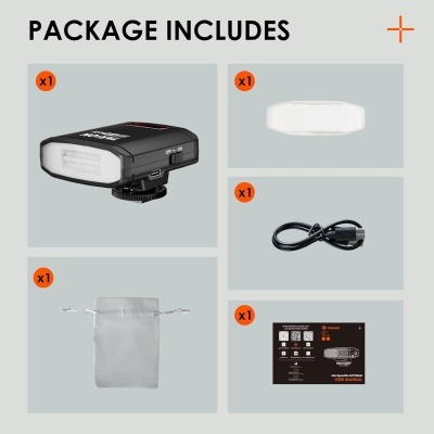 Conjunto de flash fotográfico com acessórios e manual.