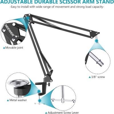 Suporte de braço ajustável em metal preto para microfone com parafusos e articulações móveis