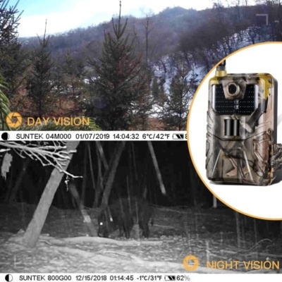 Câmara de caça camuflada e imagens com visão diurna e noturna