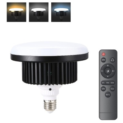 Lâmpada LED E27 preta com difusor branco e comando remoto cinzento