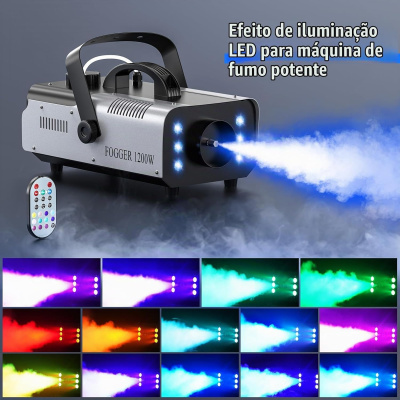 Máquina de fumo metálica cinza com LEDs azuis e comando remoto colorido