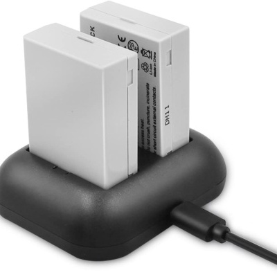 Carregador preto com duas baterias brancas rectangulares inseridas