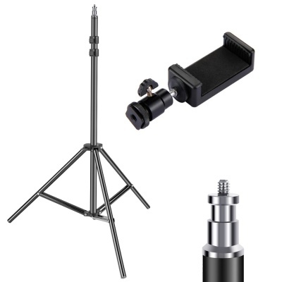 Tripé preto, suporte para telemóvel e conectores metálicos
