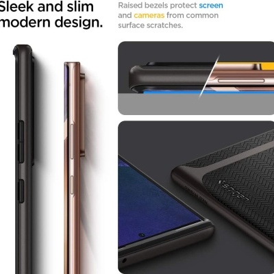 Capas para telemóvel preto e bronze com design fino, beirais elevados e textura geométrica.