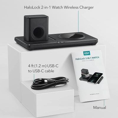 Carregador wireless HaloLock 2-in-1 preto com cabo USB-C e manual sobre superfície branca