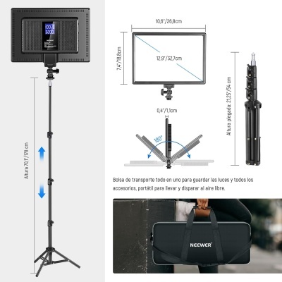 painel de luz LED retangular preto com suporte tripé e bolsa de transporte preta
