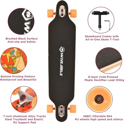 Longboard preto com rodas laranja e texto WiLLMAX, incluí ferramenta de skate e detalhes técnicos