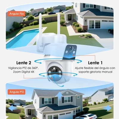 Câmara de vigilância ANRAN branca com lente dupla e função PTZ mostrando imagens de casa e piscina
