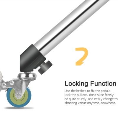 Roda com travão e texto explicativo de função de bloqueio em fundo branco