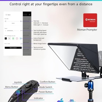 Teleprompter Moman com controle remoto preto e app em interface digital