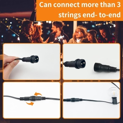 Conectores pretos para luzes de festa com texto informativo em laranja