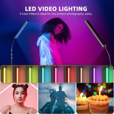 Candeeiros de luz LED ajustáveis, filtros coloridos para vídeo, exemplos de fotos com iluminação