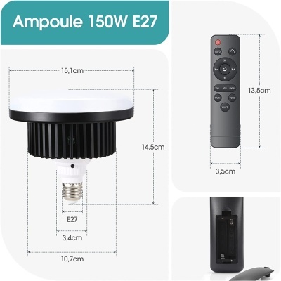 Ampola 150W E27 preta e branca com controlo remoto preto