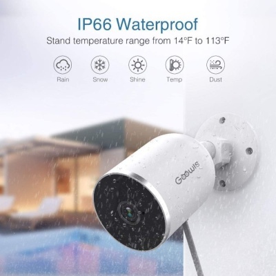 Câmara de vigilância branca Goolwi resistente à água IP66 montada em parede exterior perto de piscina