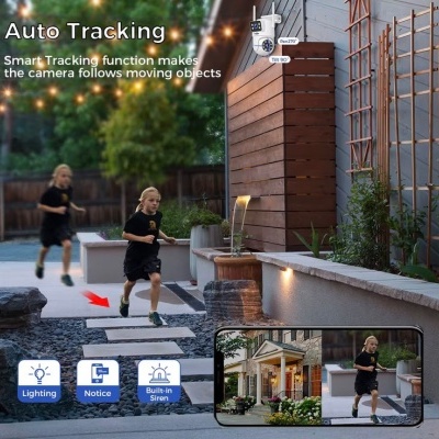 Câmara de segurança branca montada no exterior com texto de função de auto tracking