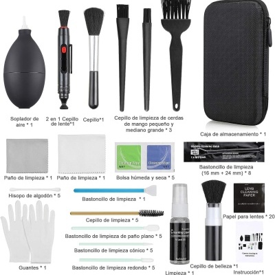 Kit de limpeza para lentes com vários pincéis, esfregões, panos, bastoncilhos, spray e estojo de transporte preto