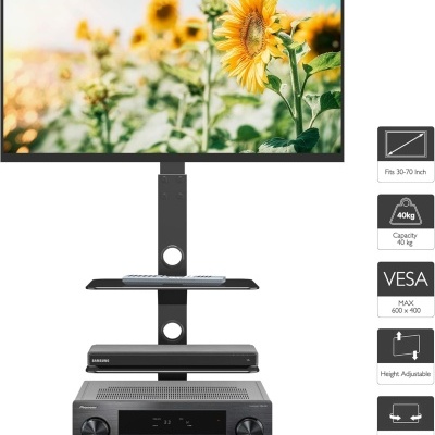 Suporte de televisão preto com prateleiras e televisão a mostrar girassóis