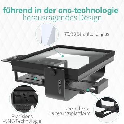 Suporte ajustável preto com tecnologia CNC e vidro 70/30 em fundo branco