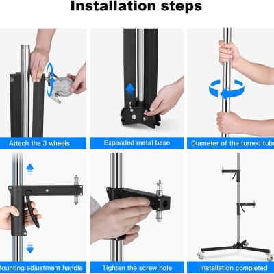 Passos para montagem de suporte com rodas, base metálica, tubo giratório e ajuste de parafuso.