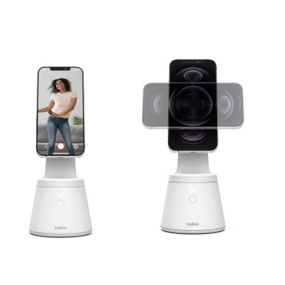 Suporte branco para smartphone Belkin com base circular e expressão de vídeo