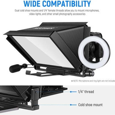 Teleprompter negro com vidro e suporte, anel LED branco ao lado.
