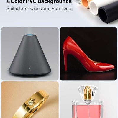 Quatro fundos de PVC em rolos coloridos e quatro objetos variados para fotografia