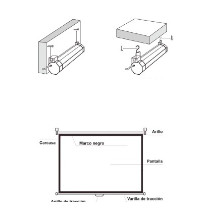 Desenho técnico de uma tela de projeção com partes nomeadas em espanhol