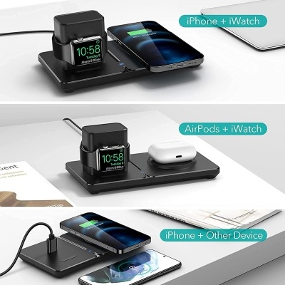 Base de carregamento para dois dispositivos com iPhone, Apple Watch e AirPods