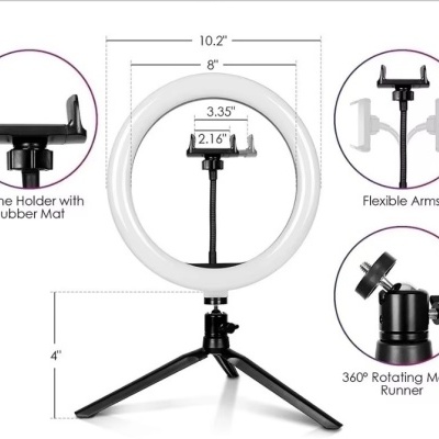 Anel de luz branco com suporte preto e base tripé