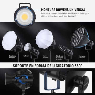 Equipamento de iluminação fotográfica com montagem Bowens universal e suporte giratório 360°.
