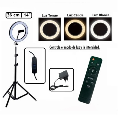 Anel de luz LED de 36 cm com tripé, controle remoto e adaptador