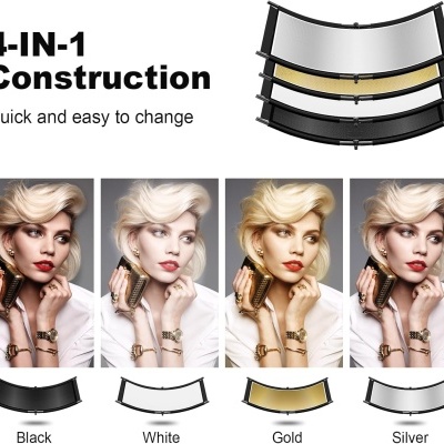 Quatro molduras de espelho nas cores preto, branco, dourado e prata com fotos da mesma mulher em diferentes tonalidades