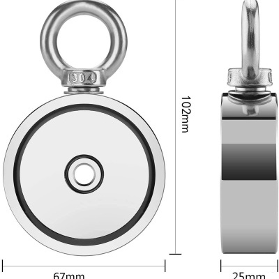 Imã de neodímio circular com gancho metálico prateado e medidas indicadas