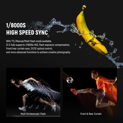 Banana amarela com água sobre fundo preto e texto técnico sobre flash fotográfico, com imagens de atletas em movimento