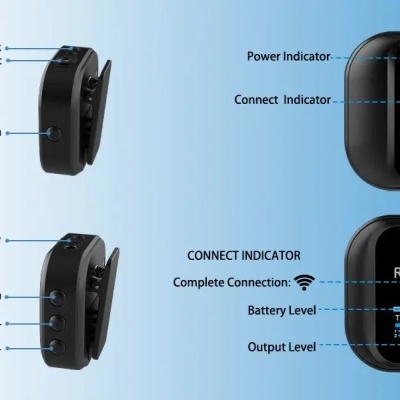 Conjunto transmissor e receptor PT-1 Wireless preto com indicadores e botões