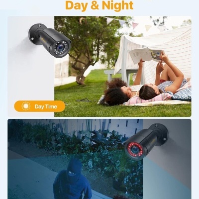 Câmara de segurança preta montada numa parede a mostrar imagens de dia e de noite com visão noturna