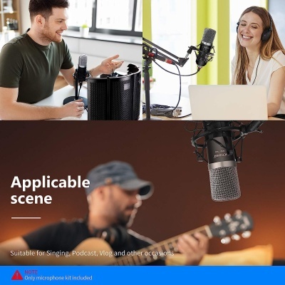 Microfones condensadores com filtros pop usados para gravação em diferentes cenários, incluindo canto e podcast.