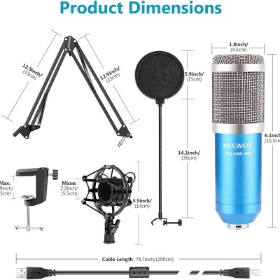 Conjunto de microfone azul com acessórios pretos e cabo USB