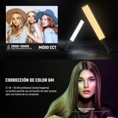 Luzes de LED portáteis com ajuste de temperatura e correção de cor GM, fotos de modelos femininas em estudo de luz.