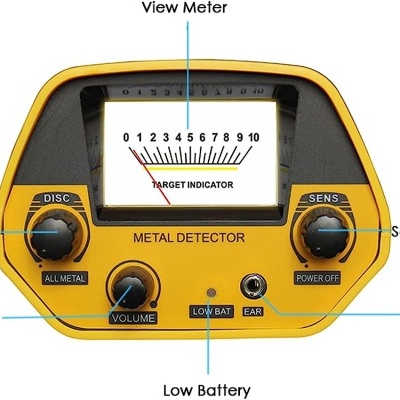 Detector de metais amarelo com mostrador analógico e botões pretos