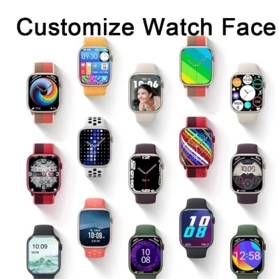 Vários relógios inteligentes com mostradores personalizados e pulseiras de diversas cores.