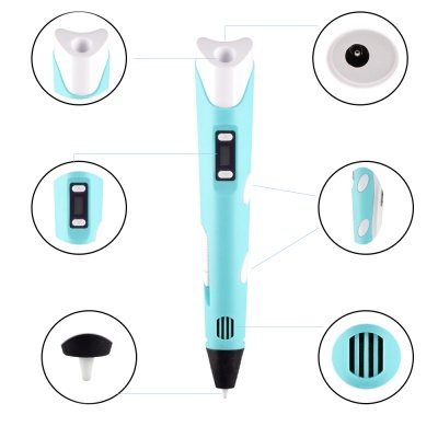 Caneta 3D azul e branca com visor digital e várias pontas