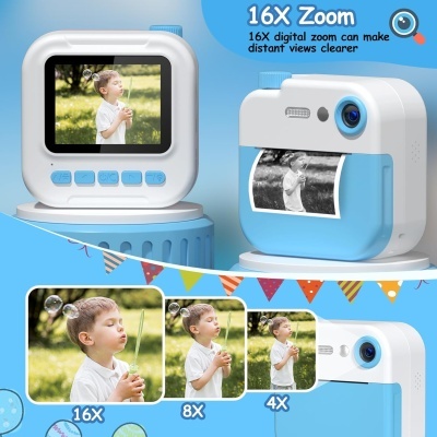 Câmara digital branca e azul com ecrã a cores e zoom 16X, fundo azul com fotos de criança.